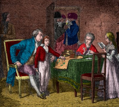 Le roi Louis XVI et la famille royale gardés dans le temple sous la surveillance des révolutionnaires, Gravure, Collection privée - Anonymous Anonymous