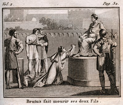 LUCIUS JUNIUS BRUTUS condamne ses propres fils à mort pour complot visant à restaurer les Tarquins, les rois expulsés de Rome, 509 av. J.-C. - Gravure tirée de « Le Rollin de la Jeunesse ou Morceaux Choisis des Histoires Anciennes et Romaines » 1816 - Coll - Anonymous Anonymous