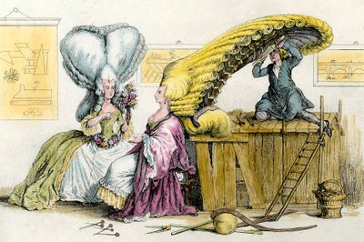 Grandes coiffures excentriques : jeunes femmes de la noblesse coiffées par une perruque. Gravure de 1788 Collection Privée - Anonymous Anonymous