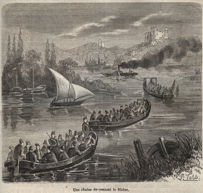 Le bagne de Toulon - une chaîne descendant le Rhône - Gravure dans « Histoire des bagnes depuis leur création à nos jours » (1877) par Pierre Zaccone (1817-1895) - Anonymous Anonymous
