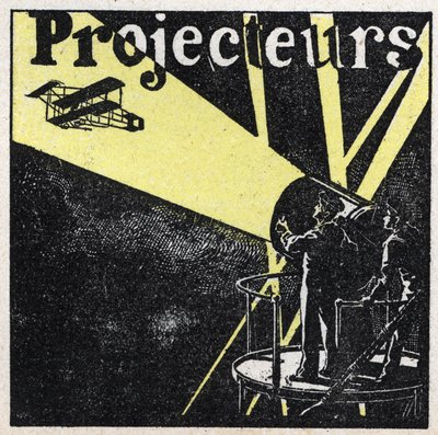 Réflexion de la lumière : projecteurs utilisés pour repérer un avion dans le ciel la nuit. Illustration anonyme de 1925. Collection privée. - Anonymous Anonymous