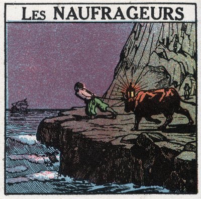 Signaux lumineux : les naufrages. Un homme accroche une lanterne entre les cornes d