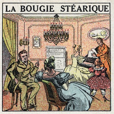Sources de lumière : la bougie stéarique utilisée sur les chandeliers au XIXe siècle. Illustration anonyme de 1925. Collection privée. - Anonymous Anonymous