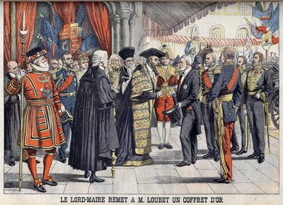 Londres, Grande-Bretagne. Sir Marcus Samuel présente une boîte en or au président Émile Loubet après la réception au Guildhall. Le Petit Journal, juillet 1903 - Anonymous Anonymous