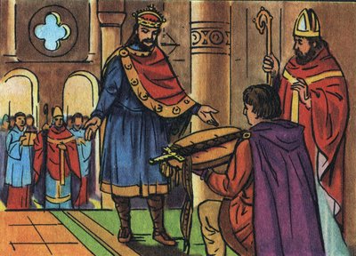 Louis Ier le Pieux ou le Débonnaire (778-840) reprenant possession de son épée confisquée par le clergé. Illustration anonyme dans « Collection des souverains et chefs d