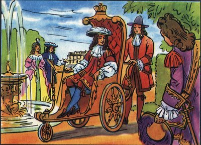 Louis XIV en promenade, le roi de France Louis XIV (1638-1715), assis sur une chaise roulante, se promenant dans le parc de Versailles. Illustration anonyme dans « Collection des souverains et chefs d