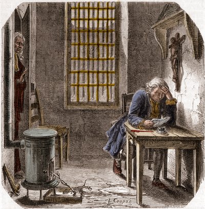 Louis XVI (1754-93) lisant son testament dans la tour du Temple le 25 décembre 1792 - Gravure dans « Histoire des Girondins » par Alphonse de Lamartine (1790-1869) 1865-1866 - Collection privée - Anonymous Anonymous