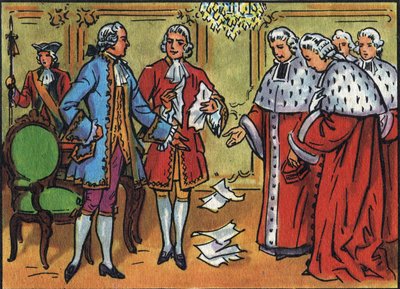 Louis XV (1710-1774), roi de France, annule les décisions du parlement. Illustration anonyme dans « Collection des souverains et chefs d