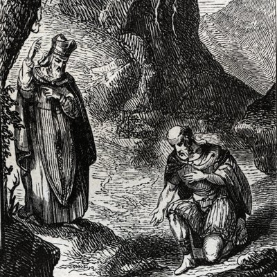Martial de Limoges ou Saint Martial (IIIe siècle) convertissant le chef du peuple celtique Lemovices - Gravure de 1846 dans « Vies des saints ». Collection privée - Anonymous Anonymous