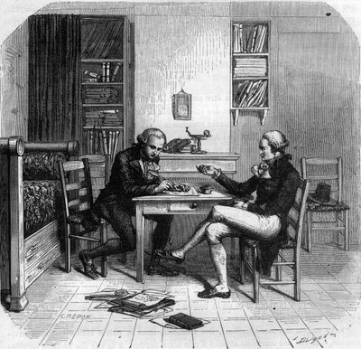 Maximilien de Robespierre (1758-1794), homme politique français, membre du Comité de salut public avec Maurice Duplay dans sa chambre - Chambre de Maximilien de Robespierre chez Maurice Duplay (1736-1820) rue Saint-Honoré à Paris - Gravure dans « Histoire  - Anonymous Anonymous