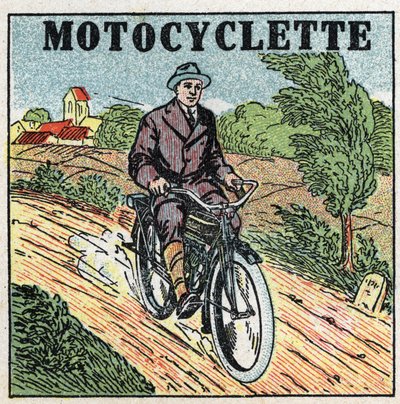 Traction mécanique: motocyclette. Illustration anonyme de 1925. Collection privée. - Anonymous Anonymous