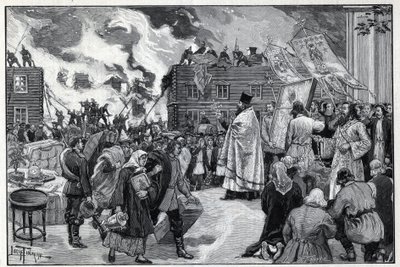 Moscou, incendie dans le faubourg de Kaluga : le clergé orthodoxe présentant les Saintes Images (Saintes Images) pour tenter de protéger la ville et les pompiers combattant le feu. Gravure dans "Le monde illustré" de 1892. Collection privée. - Anonymous Anonymous