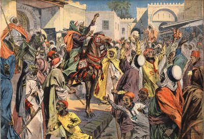Mouley Hafid (Moulay-Hafid) proclamé Sultan à Fès : les crieurs publics annoncent la proclamation à la foule. Gravure du journal « Le Petit Parisien », 26/01/1908. Collection privée. - Anonymous Anonymous