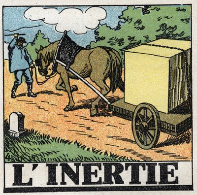 Mouvements : inertie. Un charretier fouettant son cheval pour le faire avancer. Illustration anonyme de 1925. Collection privée - Anonymous Anonymous