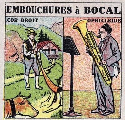 Instruments de musique : instruments à vent avec une embouchure en jarre. Joueurs de cor droit et d