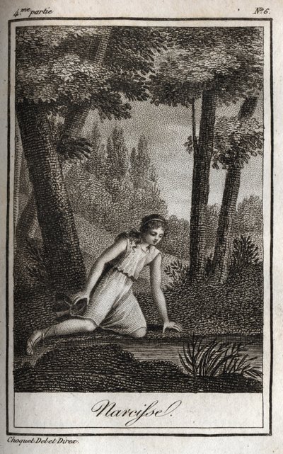 Narcisse contemplant son reflet (Narciso) Gravure de 1819 dans "Lettres à Emilie sur la mythologie" par Charles Albert Demoustier (1760-1801). Collection privée. - Anonymous Anonymous