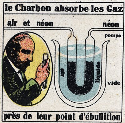 Nouvelles propriétés des gaz : méthode de James Dewar (1842-1923) pour isoler les gaz les uns des autres en 1904. Illustration anonyme de 1925. Collection privée. - Anonymous Anonymous