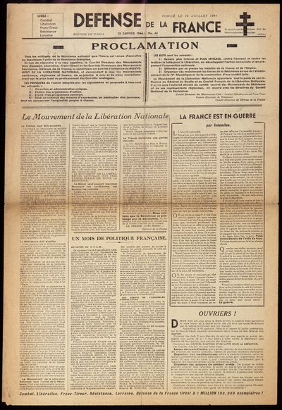 Un des journaux clandestins "Défense de France" du 15/01/1944 - Anonymous Anonymous