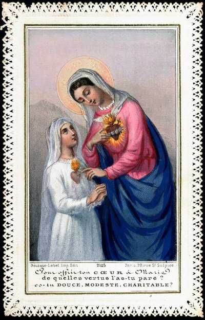 Image pieuse : Petite fille en robe de communion offrant son cœur à la Vierge Marie. « Offrir votre cœur à Marie, de quelles vertus l