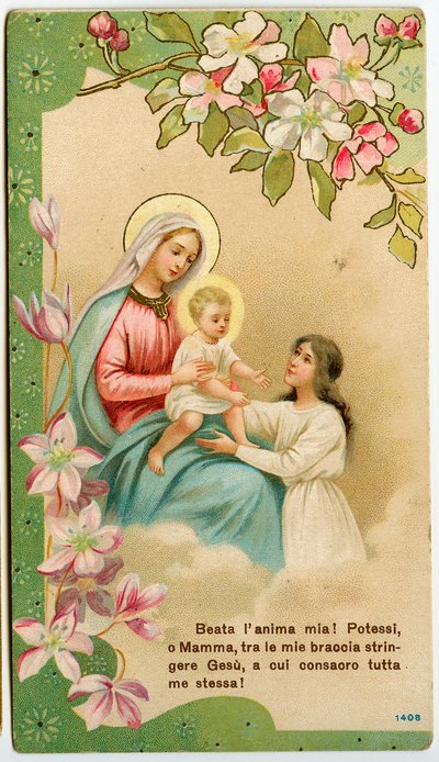 Image pieuse : Vierge avec enfant, une fille pieuse prend Jésus dans ses bras (chromolithographie) - Anonymous Anonymous