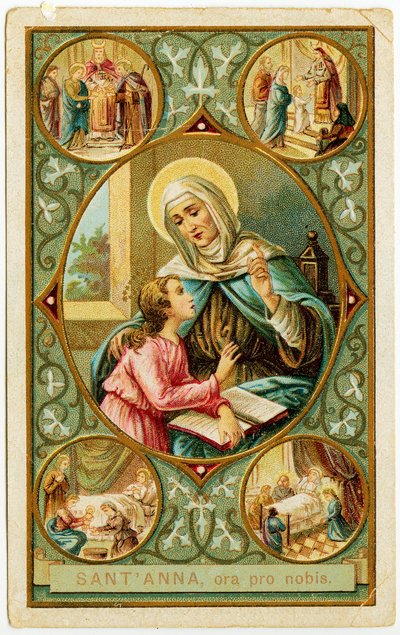 Image pieuse : Scènes de la vie de Sainte Anne, le mariage, la naissance de Marie, la présentation au Temple et la mort - Anonymous Anonymous