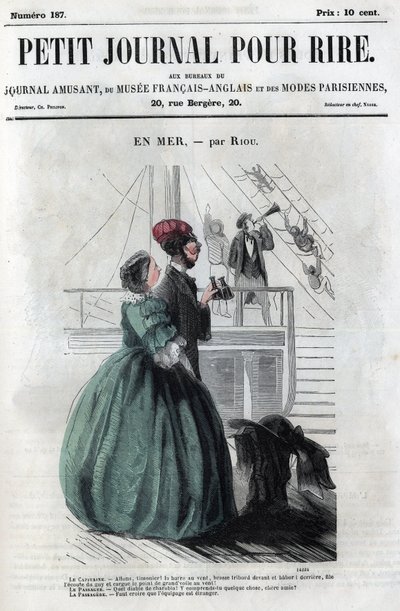 Caricature politique et sociale sous le Second Empire. « En mer » : un couple qui ne connaît pas le jargon de la marine pense bêtement que l
