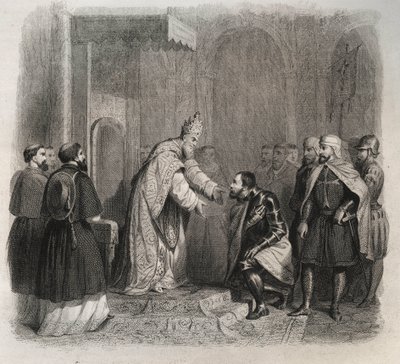 Le pape Saint Pie V (Pie ou Pio) (1566-1572) reçoit le vainqueur de la bataille de Lépante. Gravure de 1846 dans « Vies des saints ». Collection privée. - Anonymous Anonymous