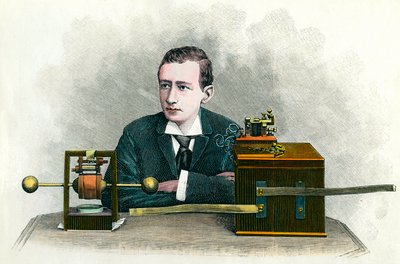 Portrait de Guglielmo Marconi (1874-1937), physicien italien, inventeur du télégraphe. Gravure vers 1900. Collection privée - Anonymous Anonymous