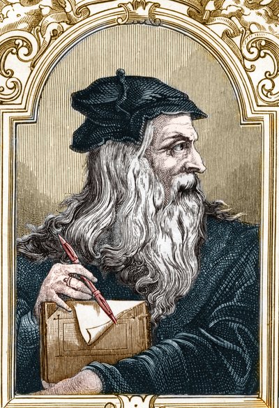 Portrait de Léonard de Vinci (Leonardo da Vinci) (1452-1519). Gravure de 1859 dans « Les galeries de l