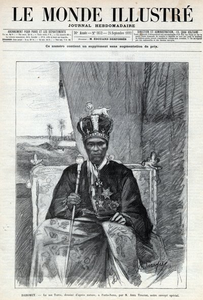 Portrait de Tofa I (vers 1850-1908), roi du Dahomey (Bénin) à Porto-Novo. Gravure dans « Le monde illustré » de 1892. Collection privée. - Anonymous Anonymous