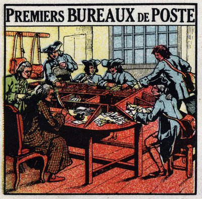 Poste: premiers bureaux de poste à Paris au XVIIIe siècle. Illustration anonyme de 1925. Collection privée. - Anonymous Anonymous
