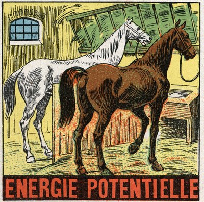 Énergie potentielle : chevaux se reposant dans une écurie. Illustration anonyme de 1925. Collection privée. - Anonymous Anonymous