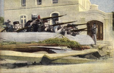 Révolution portugaise : barricade dans une rue de Lisbonne. Gravure. Un des journaux « Le petit parisien » du 23/10/1910. Collection privée. - Anonymous Anonymous