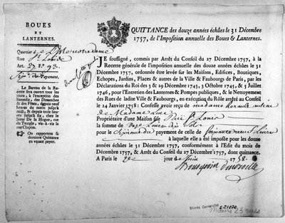 Reçu du Bureau des Revenus concernant le paiement des taxes pour la boue et les lanternes, daté de décembre 1757 - Anonymous Anonymous