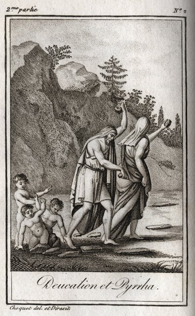 Représentation de Deucalion et Pyrrha, les seuls survivants après le déluge causé par Zeus pour détruire la race humaine. Thémis après le déluge leur demande de marcher la tête couverte en jetant derrière eux les os de leur mère (les pierres de la Terre). - Anonymous Anonymous