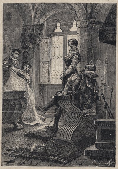 Rodrigo Borgia entouré de ses enfants (Jean ou Juan ou César, Lucrèce) dans la maison Vannozza Cattanei - gravure de 