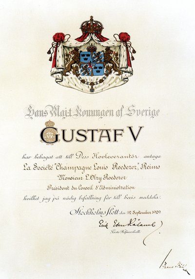 Brevet royal décerné à la Maison Louis Roederer par le roi de Suède en 1929 - Anonymous Anonymous