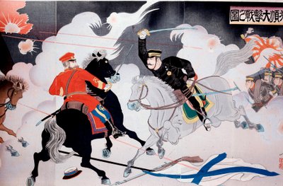 Guerre russo-japonaise (1904-1905) : bataille de deux cavaliers. Début du 20e siècle. Collection privée - Anonymous Anonymous