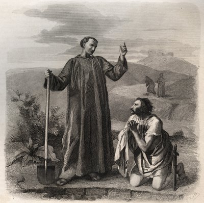 Saint Benoît de Nursie accueillant Totila (6ème siècle) roi des Ostrogoths. Gravure de 1846 dans "Vies des saints". Collection privée. - Anonymous Anonymous