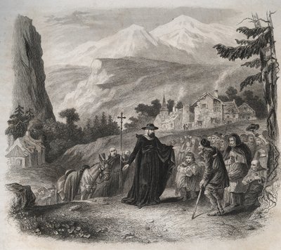 Saint François de Sales (1567-1622), évêque de Genève en visite pastorale. Gravure de 1846 dans "Vies des saints". Collection privée. - Anonymous Anonymous