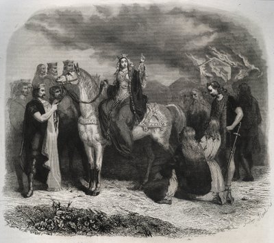 Sainte Radegonde (Radegonde de Poitiers, 519-587) brûle un temple païen et convertit les Gaulois à la religion chrétienne. Gravure de 1846 dans « Vies des saints ». Collection privée. - Anonymous Anonymous