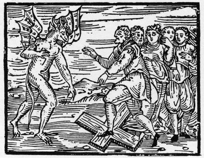 Satan force ses futurs disciples à marcher sur la croix - « Compendium Maleficarum », traite des sorcières, de leurs maux et de leurs sortilèges par Francesco Maria Guazzo ou Guaccio ou Guaccius (15?? -16??) 1608 Collection privée - Anonymous Anonymous