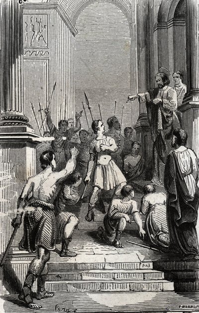 Saturnin de Toulouse (Saint Sernin, premier évêque chrétien de Toulouse) (IIIe siècle) arrêté au Capitole de Toulouse - Gravure de 1846 dans « Vies des saints ». Collection privée - Anonymous Anonymous