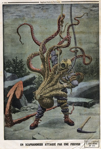 Scaphandrier attaqué par une pieuvre. Gravure dans "Le Petit Journal", le 16/06/1912. Collection privée. - Anonymous Anonymous