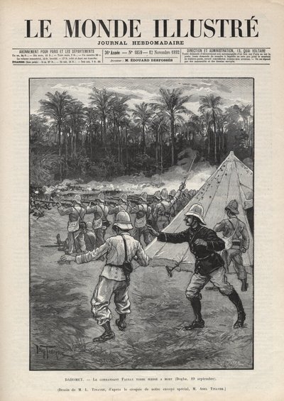 Seconde guerre du Dahomey (1892-1894) : mort du commandant français Faurax lors de la bataille de Dogba le 19 septembre 1892 au Dahomey (actuel Bénin). Gravure dans « Le Monde Illustré » de 1892. Collection privée. - Anonymous Anonymous