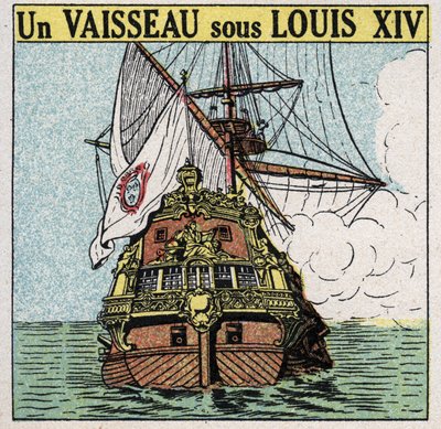 Navires et bateaux : un navire sous Louis XIV (1638-1715). Illustration anonyme de 1925. Collection privée. - Anonymous Anonymous