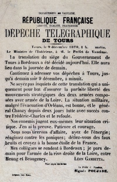 Nouvelles télégraphiques de Tours du 9/12/1870 par Léon Gambetta - Anonymous Anonymous