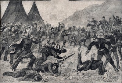 La révolte indienne aux États-Unis : un combat entre les Indiens Sioux et les troupes américaines. Gravure dans "Le petit Parisien" de 1891. Collection privée. - Anonymous Anonymous