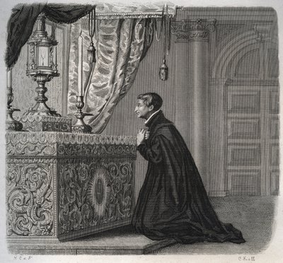 Le jésuite italien Louis de Gonzague (San Luigi Gonzaga) (1568-1591) en prière. Gravure de 1846 dans "Vies des saints". Collection privée. - Anonymous Anonymous