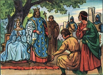 Le Roi de France Saint Louis (Louis IX 1214-1270) rendant justice sous le chêne du Bois de Vincennes. Illustration anonyme dans « Collection des souverains et chefs d